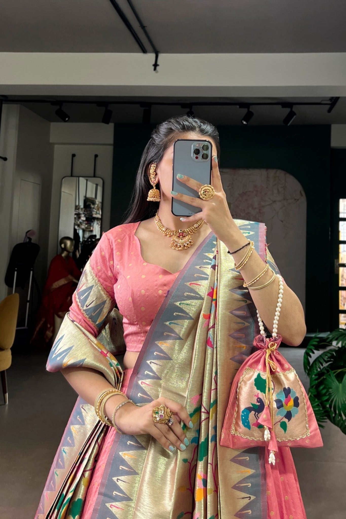 Designer Silk Paithani Lehenga Choli Set With Zari Weaving