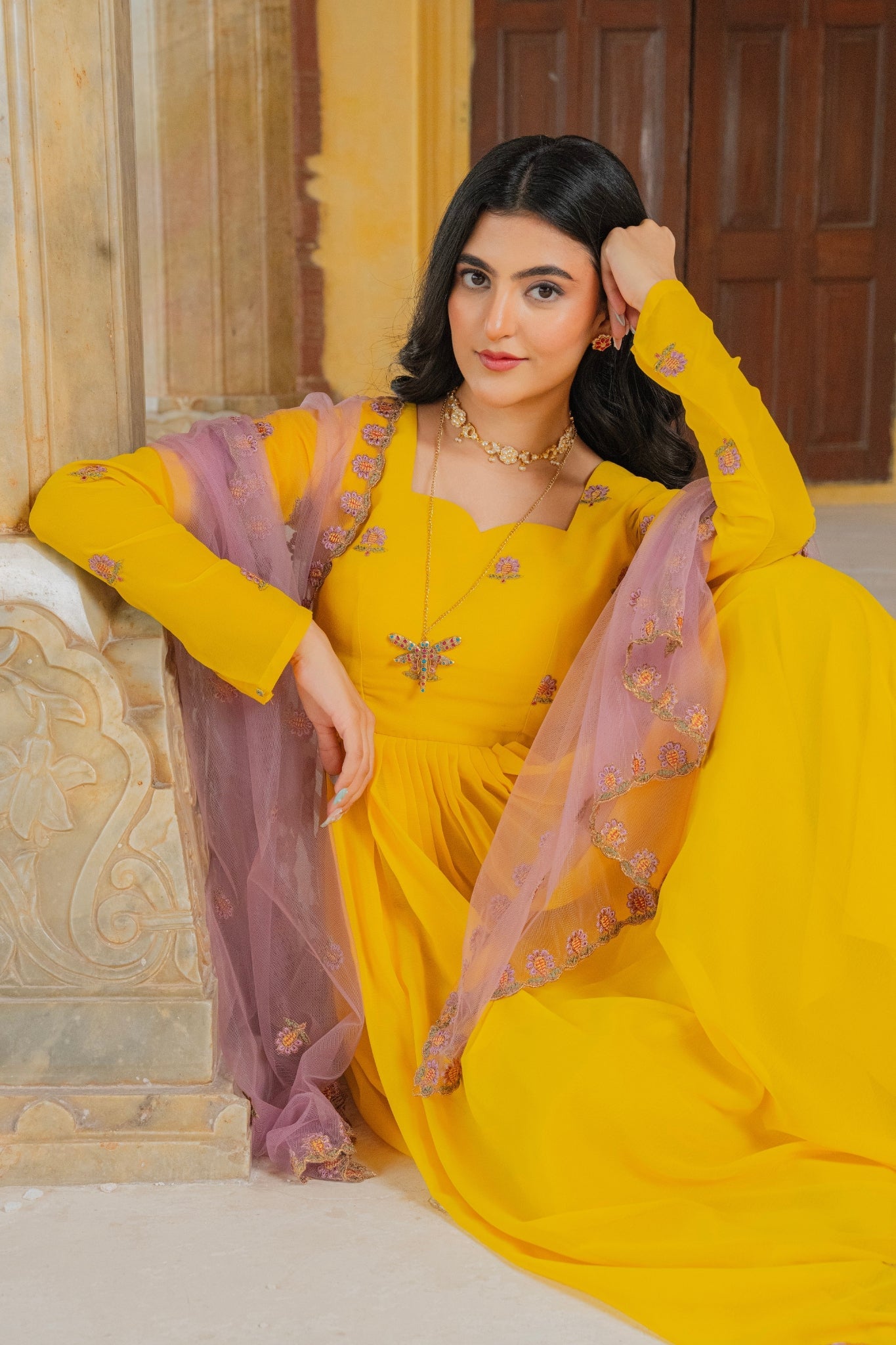 Radiant Yellow Embroidered Georgette Anarkali Gown With Contrasting Dupatta