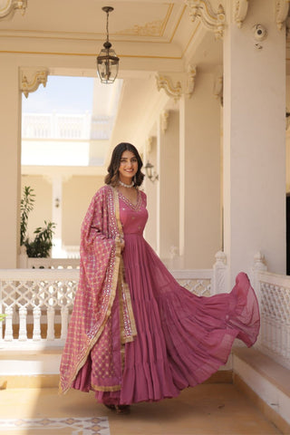 Stunning Designer Embroidered Work Gown With Dupatta Set