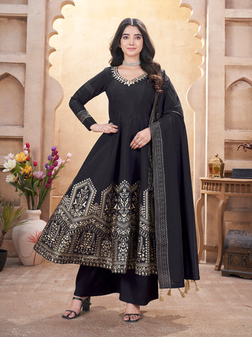 Royal Black Fully Stitched Premium Hand Foil with Fancy Mirror Work Gown