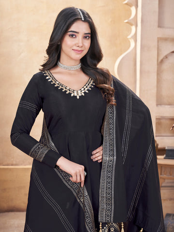 Royal Black Fully Stitched Premium Hand Foil with Fancy Mirror Work Gown