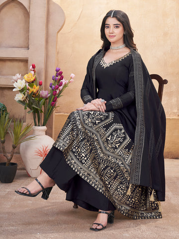 Royal Black Fully Stitched Premium Hand Foil with Fancy Mirror Work Gown