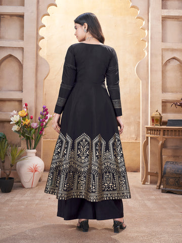 Royal Black Fully Stitched Premium Hand Foil with Fancy Mirror Work Gown