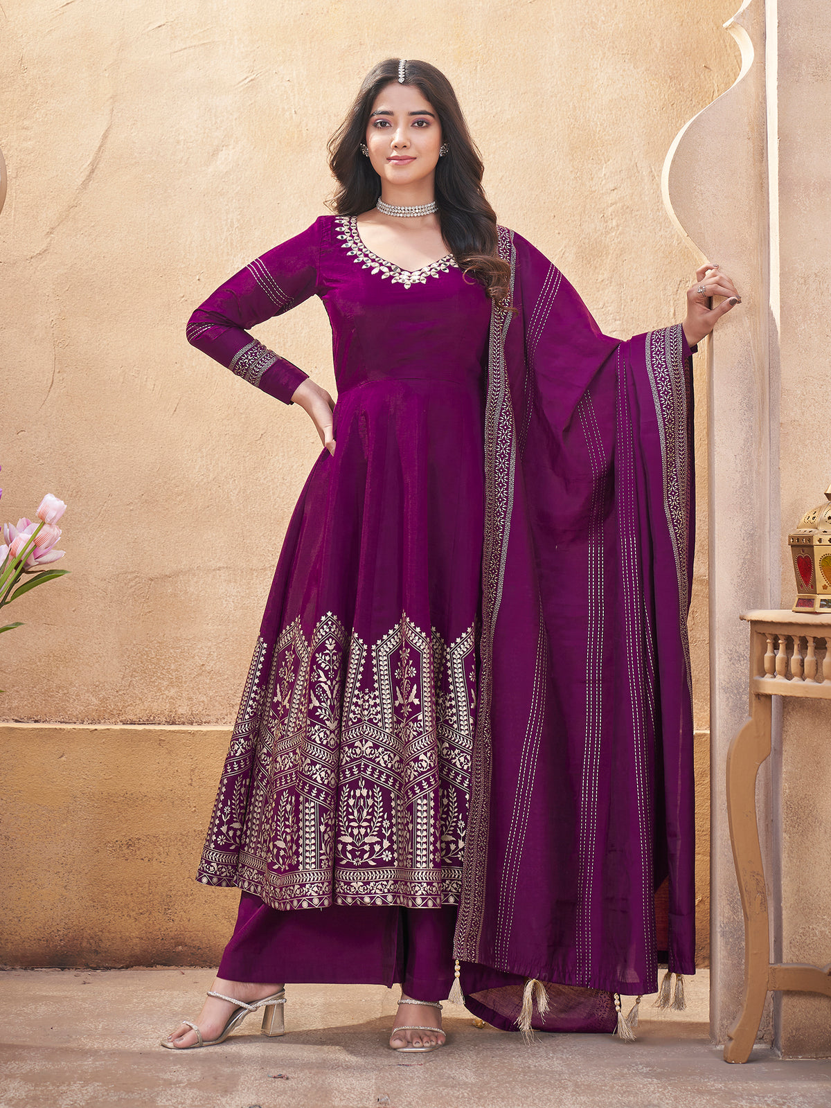 Stunning Purple Fully Stitched Premium Hand Foil with Fancy Mirror Work Gown