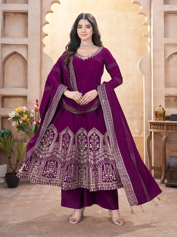 Stunning Purple Fully Stitched Premium Hand Foil with Fancy Mirror Work Gown