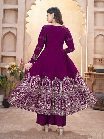 Stunning Purple Fully Stitched Premium Hand Foil with Fancy Mirror Work Gown