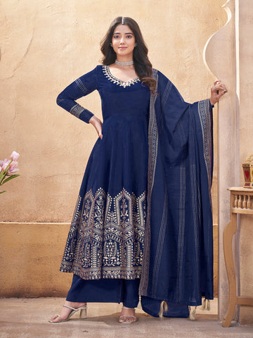 Royal Blue Fully Stitched Premium Hand Foil with Fancy Mirror Work Gown