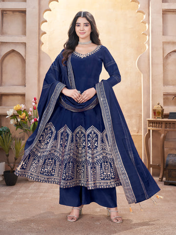 Royal Blue Fully Stitched Premium Hand Foil with Fancy Mirror Work Gown