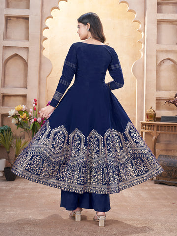 Royal Blue Fully Stitched Premium Hand Foil with Fancy Mirror Work Gown