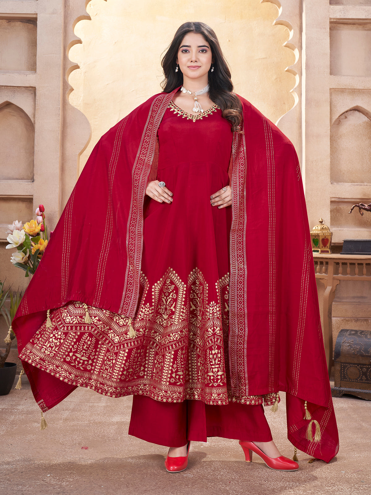 Stunning Red Fully Stitched Premium Hand Foil with Fancy Mirror Work Gown