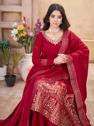 Stunning Red Fully Stitched Premium Hand Foil with Fancy Mirror Work Gown