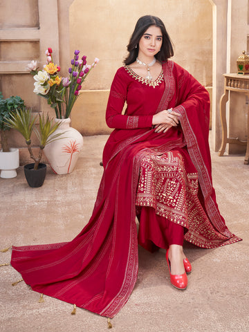 Stunning Red Fully Stitched Premium Hand Foil with Fancy Mirror Work Gown