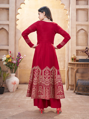 Stunning Red Fully Stitched Premium Hand Foil with Fancy Mirror Work Gown