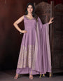 Lavender Fully Stitched Premium Hand Foil with Fancy Mirror Work Gown