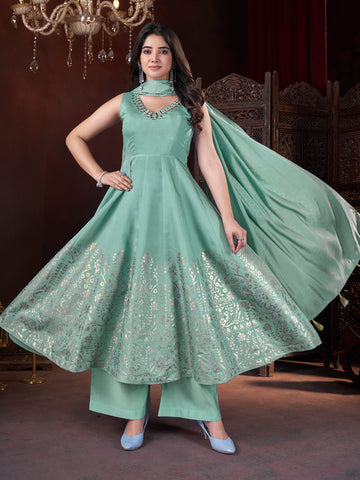 Pista Color Fully Stitched Premium Hand Foil with Fancy Mirror Work Gown