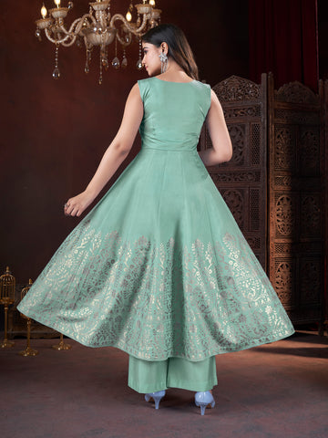 Pista Color Fully Stitched Premium Hand Foil with Fancy Mirror Work Gown