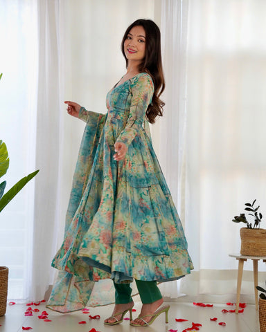 Digitally Printed Pure Organza Anarkali Suit With Huge Flair Comes With Duppatta & Pant