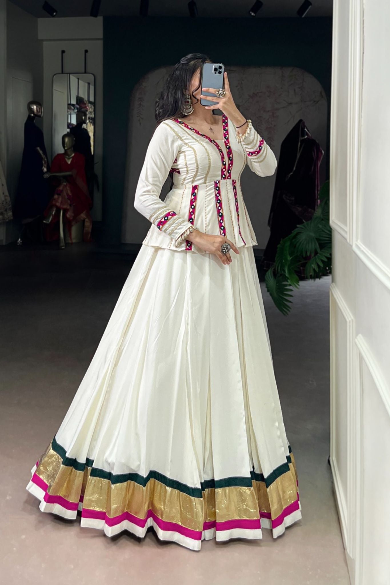 White Designer Original Mirror Gamthi Work Navratri Lehenga Choli