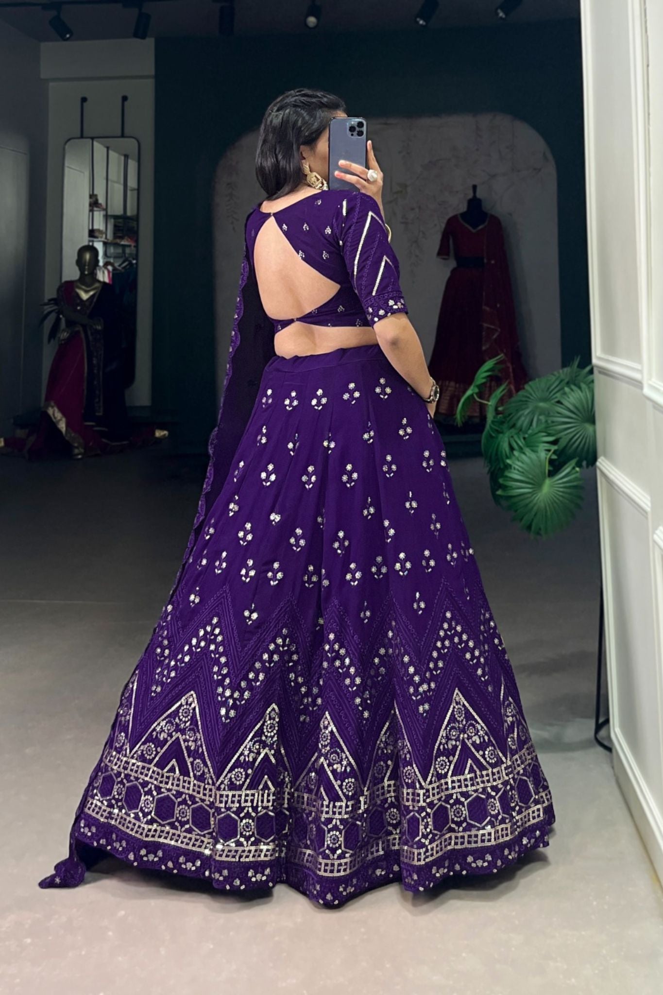 Purple Georgette Sequins And Thread Embroidery Work Wedding Lehenga Choli