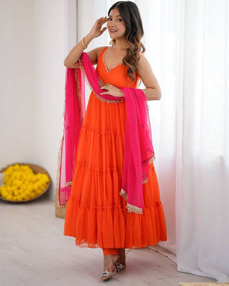 Orange Color Georgette Chiffon Three Piece Anarkali Suit