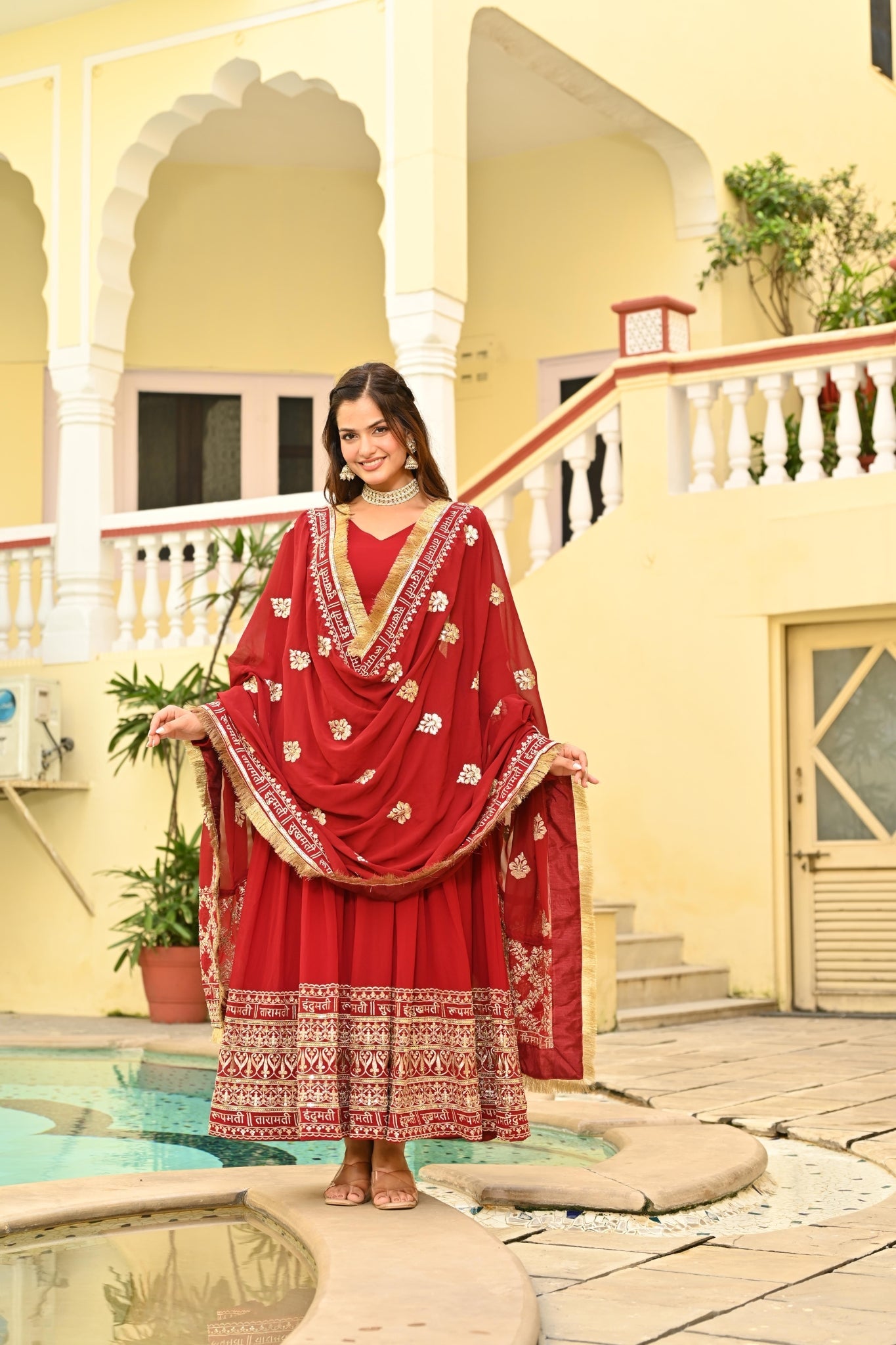Red Embroidered Wedding Gown With Dupatta