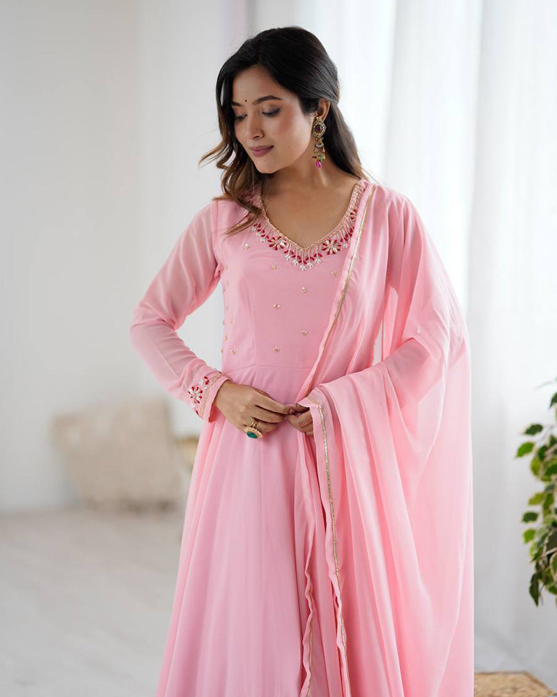 Baby Pink Color Georgette Three Piece Anarkali Suit
