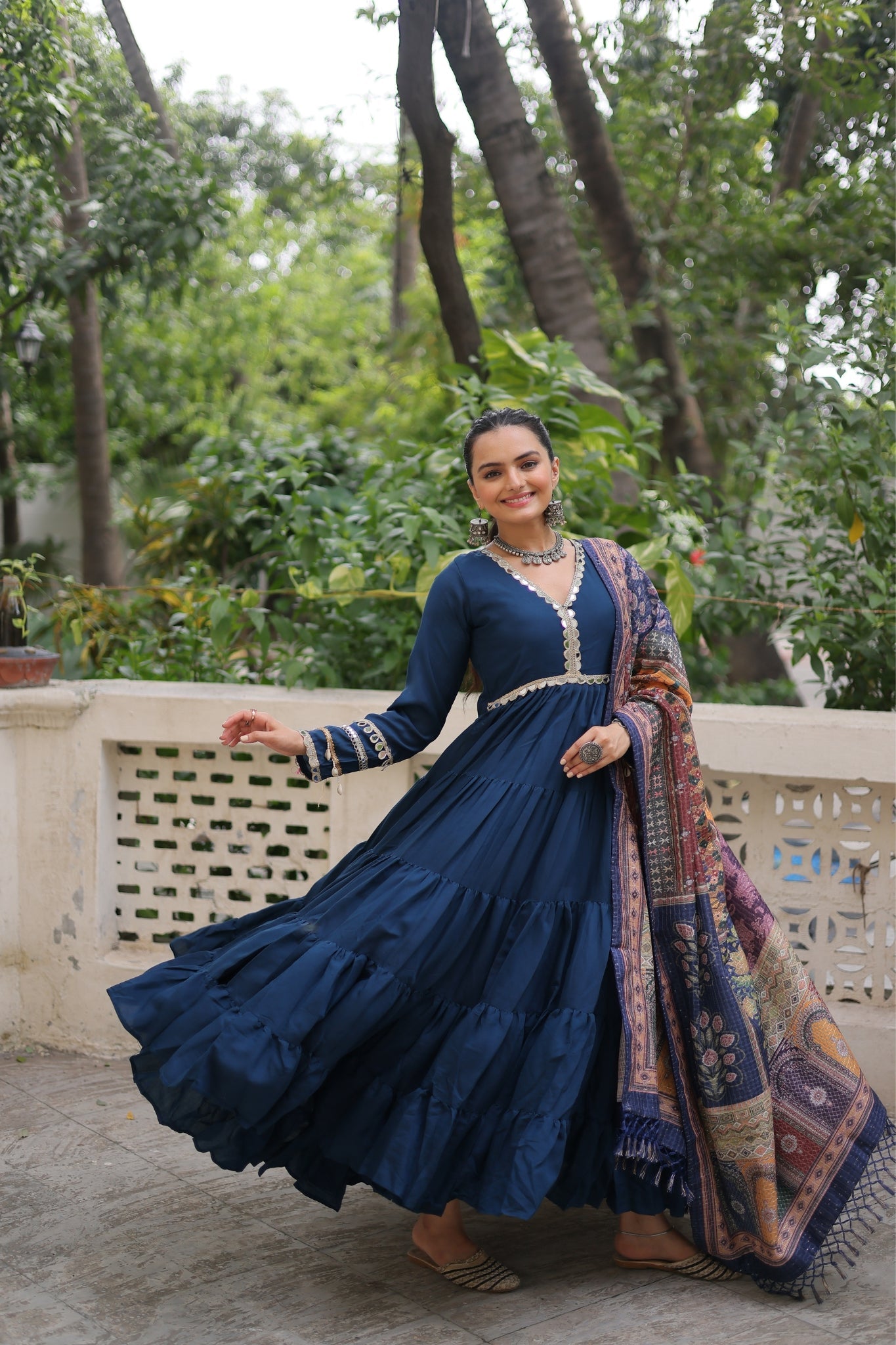 Beautiful Frill Stitching Designer Festival And Wedding Gown And Dupatta Set