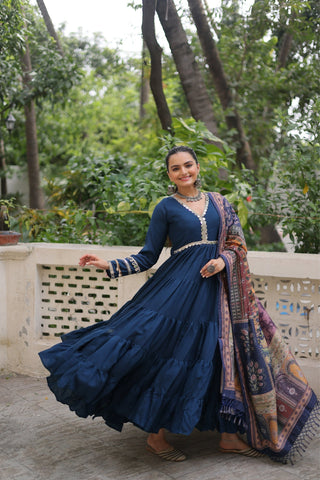 Beautiful Frill Stitching Designer Festival And Wedding Gown And Dupatta Set