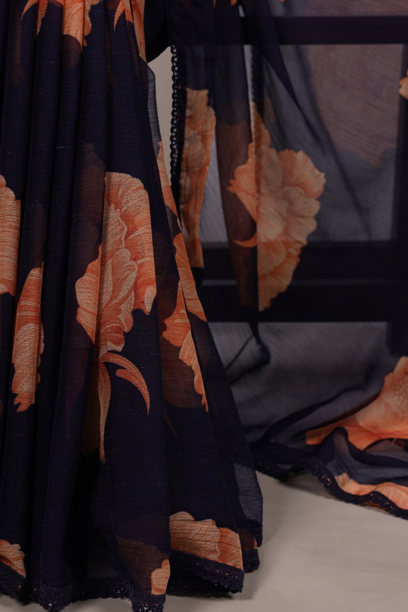 Floral Chiffon Saree With Lace Border Explore Acriine Ethnic Collection