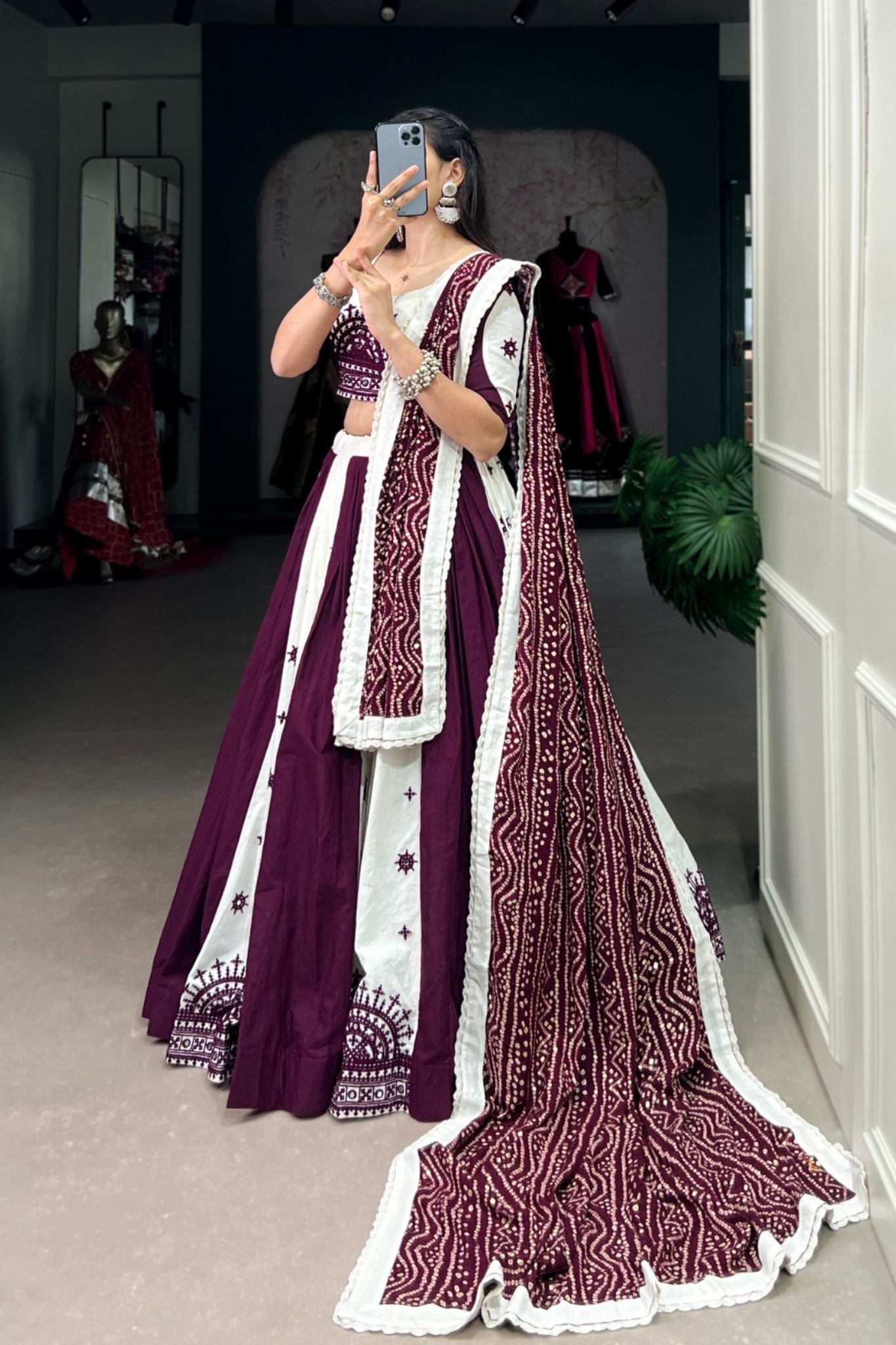 Wine And White Stylish Pure Cotton Navratri Lehenga Choli