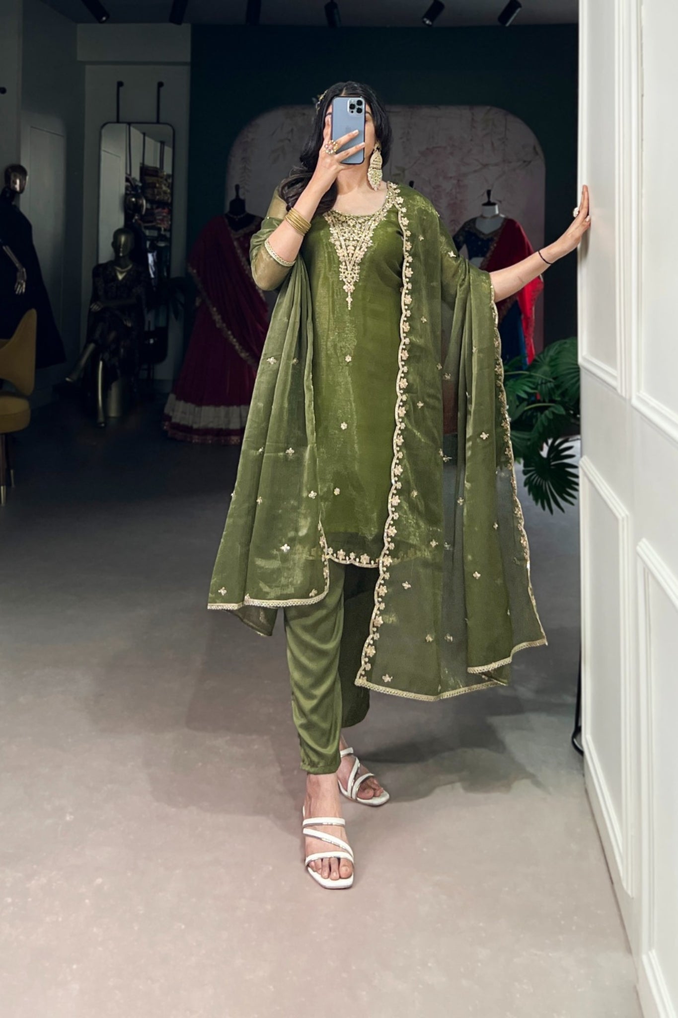 Olive Green Gold Coin Sequins Tread Embroidery Work Ethnic Dress