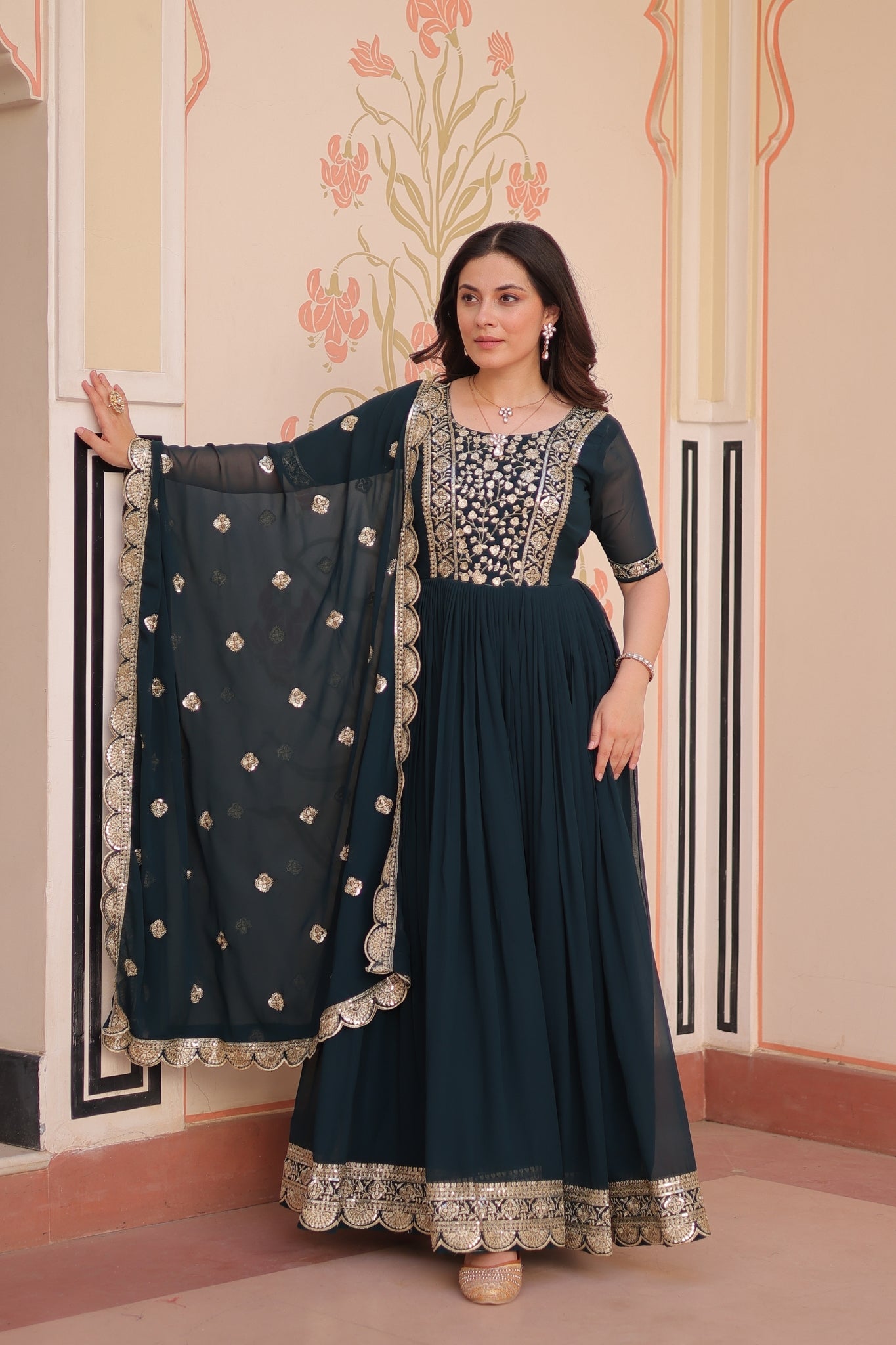 Embroidery Zari Sequins Work Designer Gown With Dupatta Set