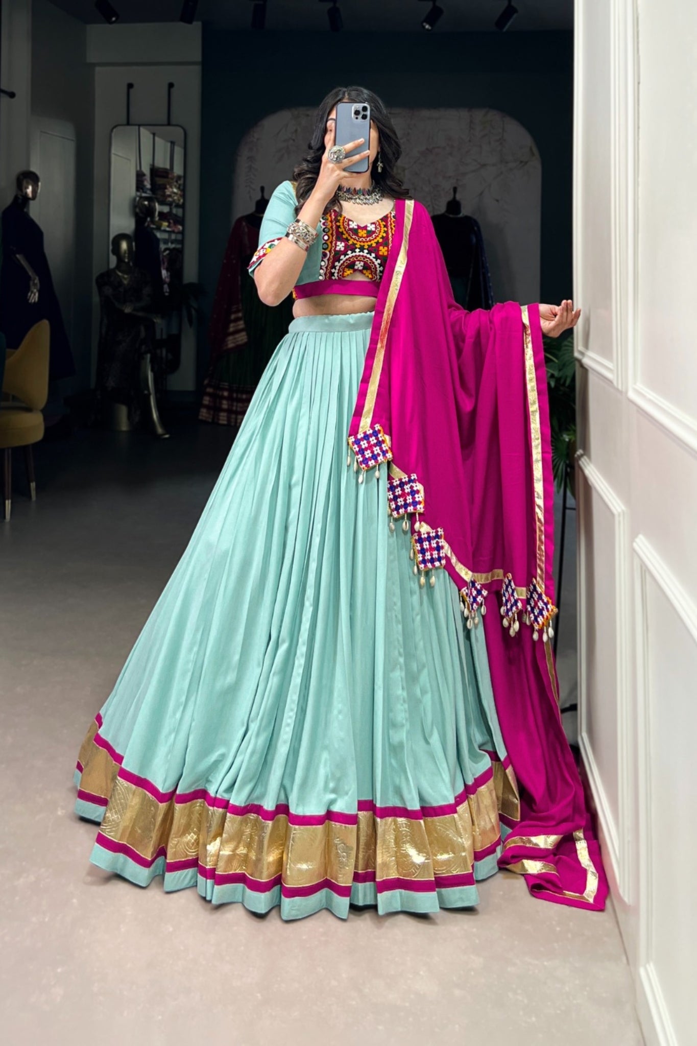 See Green Stunning Embossed Design Mirror Gamthi Work Readymade Navratri lehenga Choli