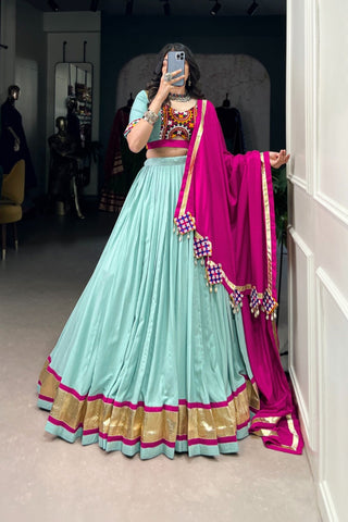 See Green Stunning Embossed Design Mirror Gamthi Work Readymade Navratri lehenga Choli