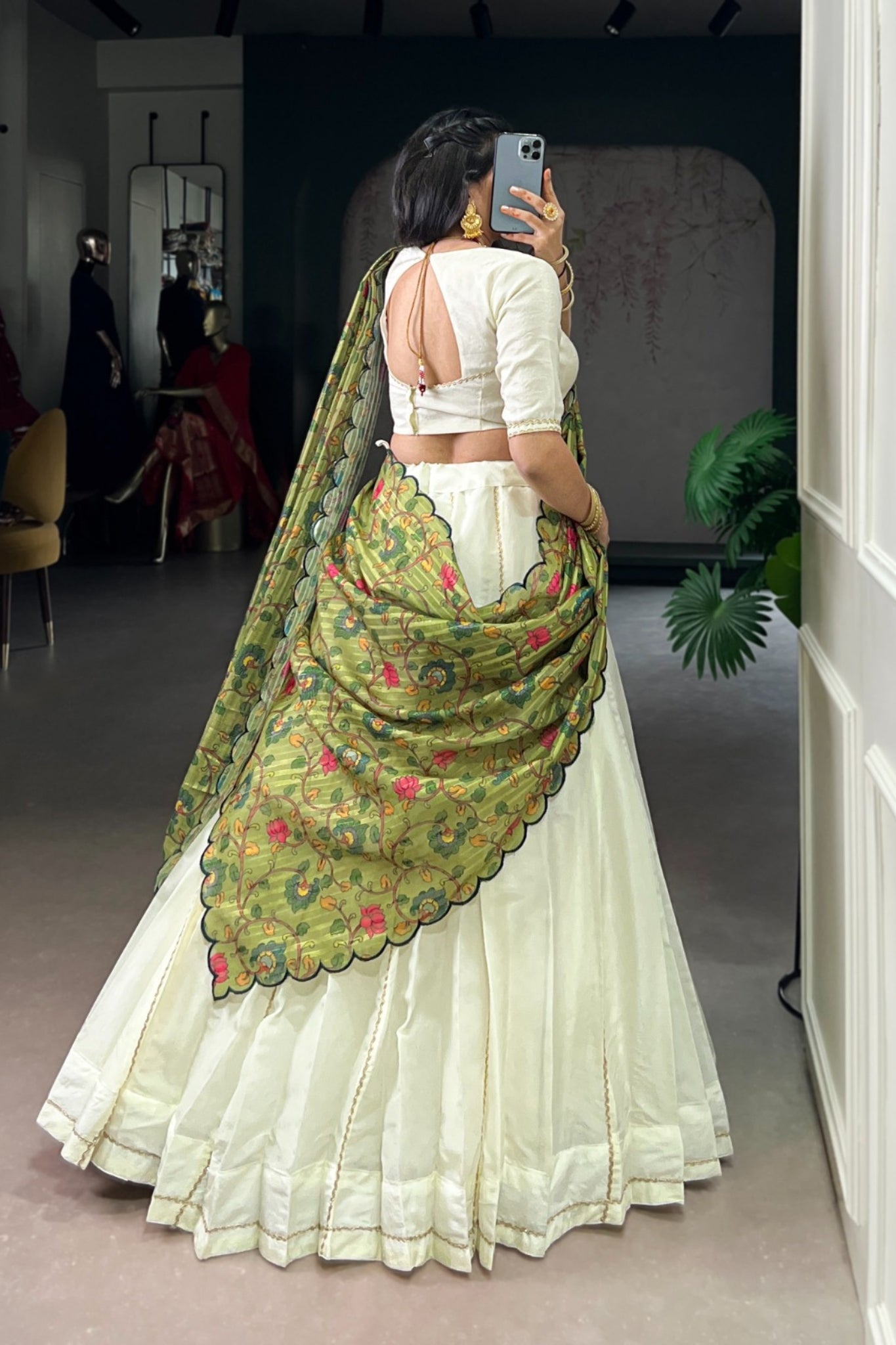 Ivory Kalamkari Handloom Kora Silk South Indian Lehenga Set