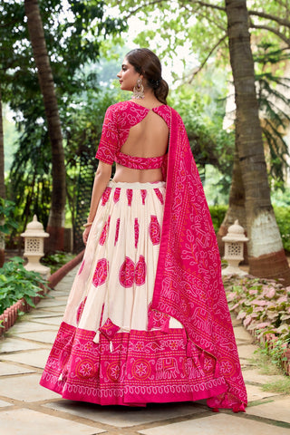 Pink Tasar Silk Bandhej Lehenga Choli Set With Dupatta