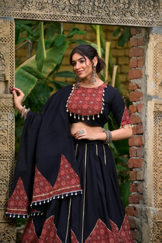 Navratri Special Black Printed Pure Cotton Lehenga Choli