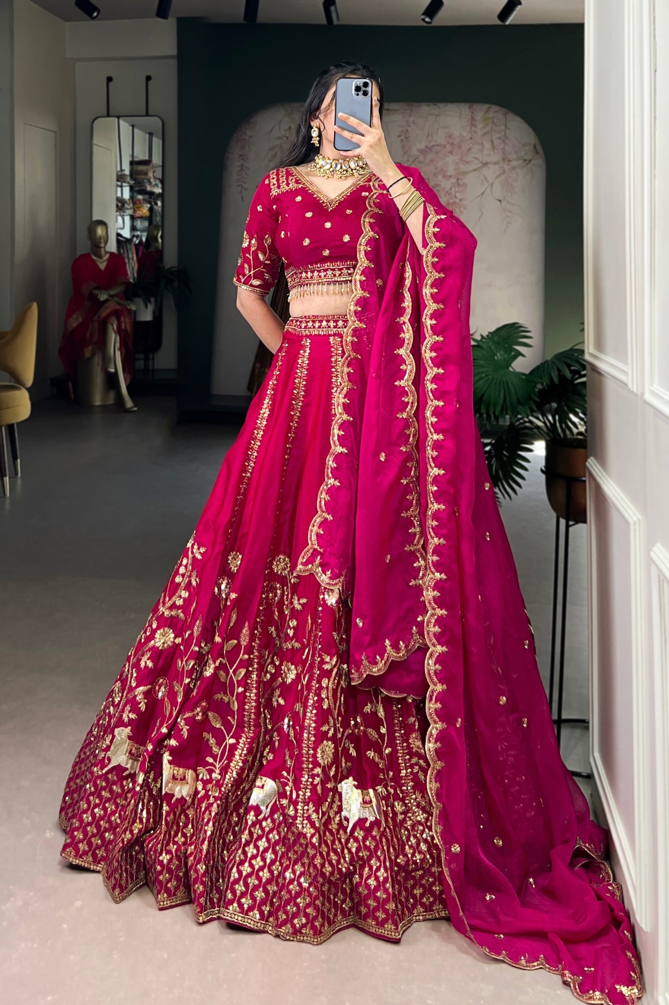 Luxury Natural Silk Pink Designer Sequins With Thread Embroidery Lehenga Set