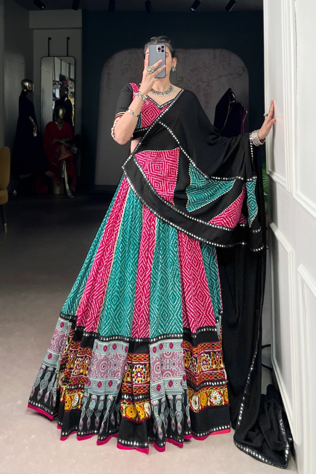 Navratri Special Pure Rayon Lehenga Choli With Ajrakh Print, Gamthi & Gota Patti Work