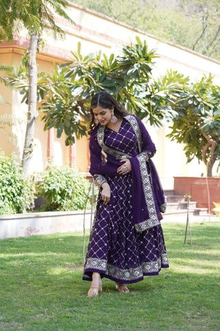 Purple Readymade Sequins Embroidered Work Gown With Dupatta Set