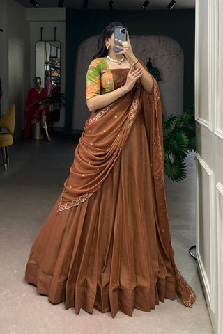 Luxury Chocolate Crush Designer Lehenga Set With Handcrafted Gotta Patti Blouse And Embroidered Dupatta