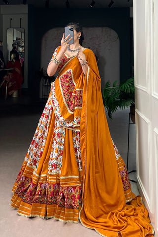 Mustard Rayon With Patola Print Silk Designer Gamthi Work Classic Lehenga Choli