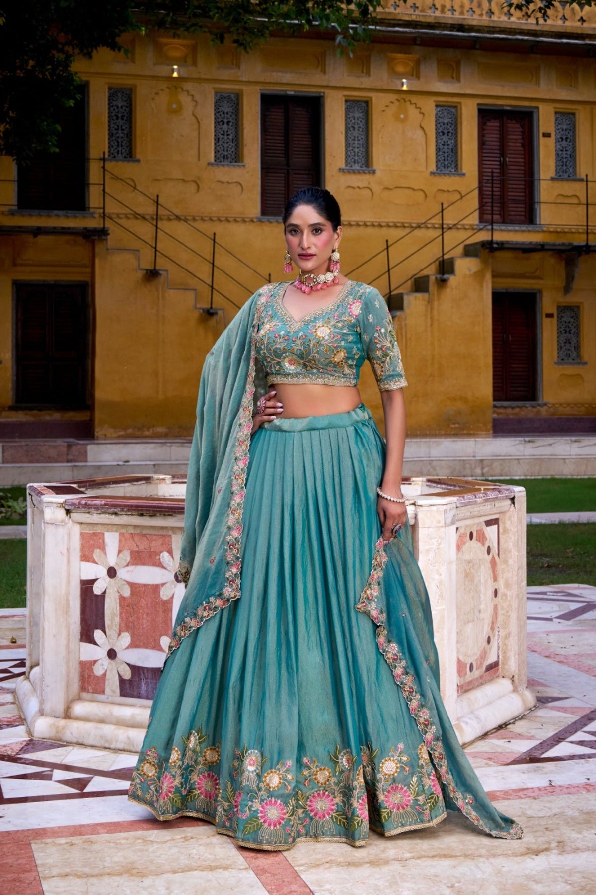 Pastel Floral Zari Shimmer Sky Blue Wedding Lehenga Choli