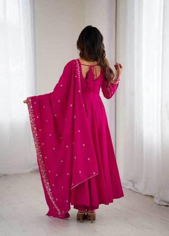Dark Pink Pure Roman Chanderi Silk Anarkali Set with Dupatta For Women