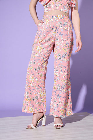 Cute Floral Printed Crop-Top With Trousers