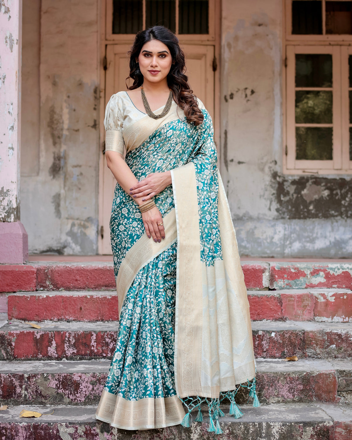 Pure Banarasi Silk Saree Weaved With Golden Zari Comes With Tassels