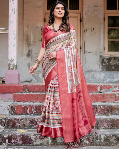 Pure Banarasi Silk Saree Weaved With Golden Zari Comes With Tassels