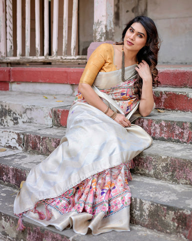 Pure Banarasi Silk Saree Weaved With Golden Zari Comes With Tassels