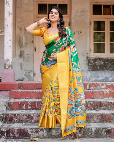 Pure Silk Digitally Printed Saree Weaved With Golden Zari Comes With Tassels