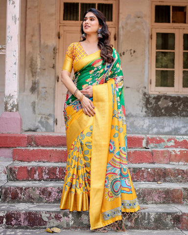 Pure Silk Digitally Printed Saree Weaved With Golden Zari Comes With Tassels